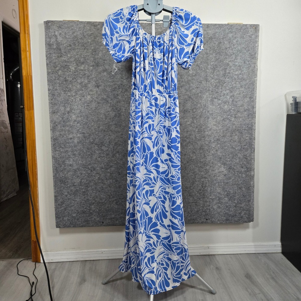Seven Islands Womens‎ Blue Abstract Floral Smocked Maxi Dress Medium